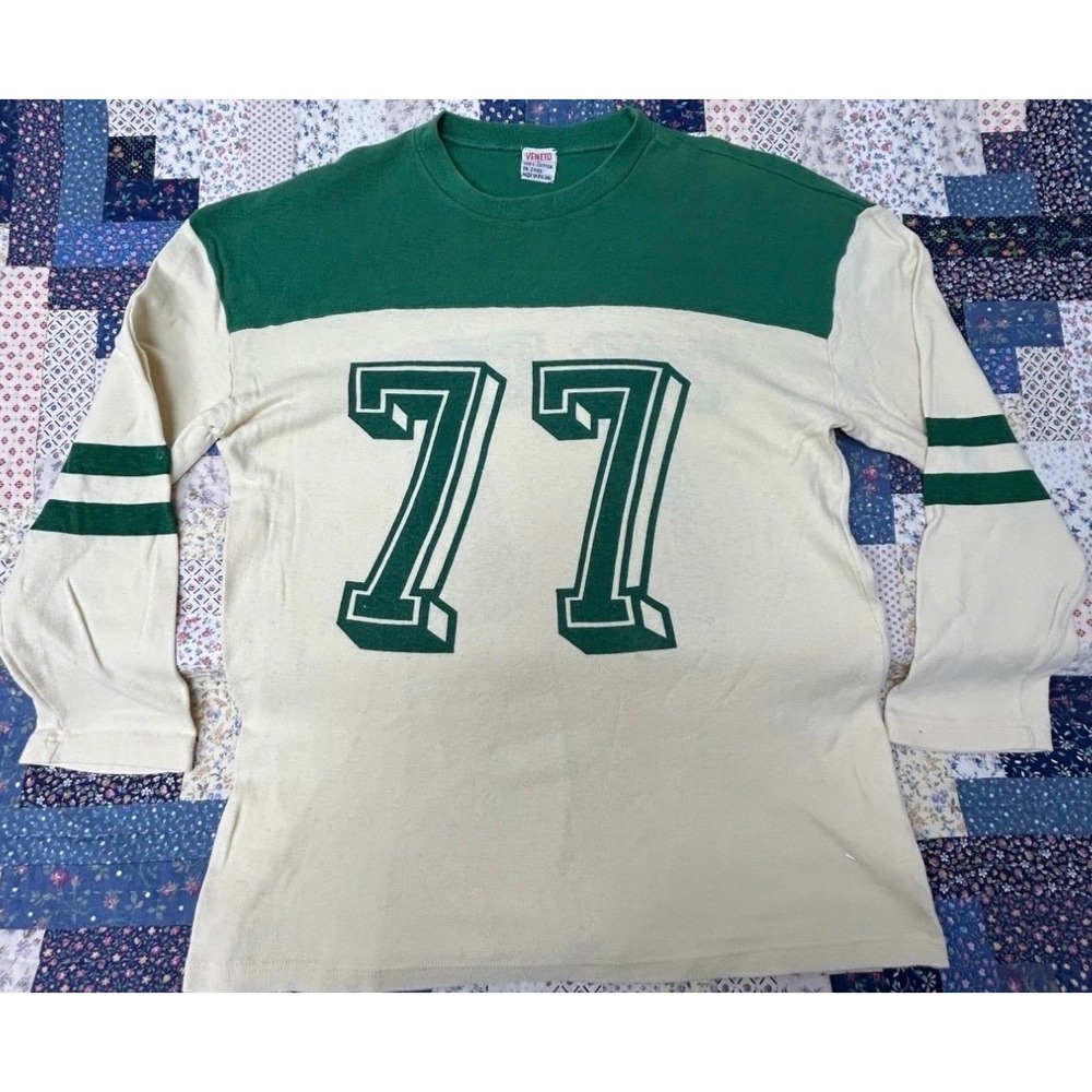 70's Vintage Green & White Veneto All Cotton Long Sleeve Soccer Shirt "77"